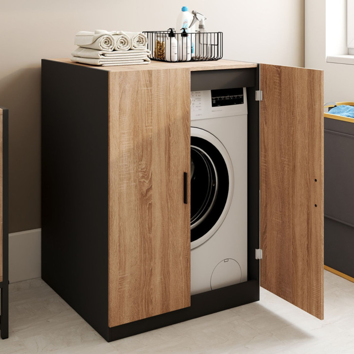 Armadio per lavatrice con ante nere e faggio - WALLIS | IdMarket