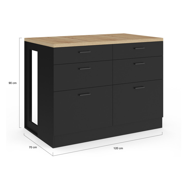 Isola centrale da 120 cm con 6 cassetti neri e piano in legno - ORSO | IdMarket