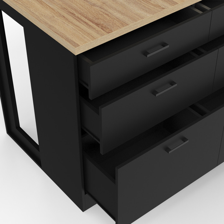 Isola centrale da 120 cm con 6 cassetti neri e piano in legno - ORSO | IdMarket