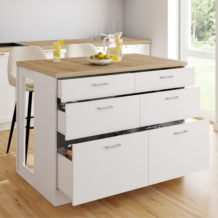 Isola centrale da 120 cm con 6 cassetti bianchi e piano in legno - ORSO | IdMarket