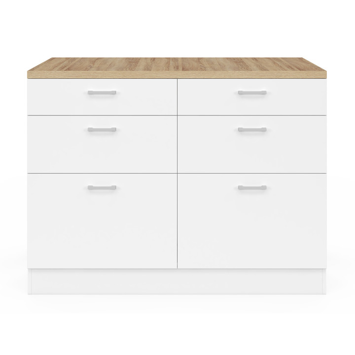 Isola centrale da 120 cm con 6 cassetti bianchi e piano in legno - ORSO | IdMarket