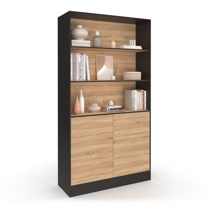 Libreria XXL a 3 piani 1 armadio nero e effetto legno 190 cm - CARLA | IdMarket