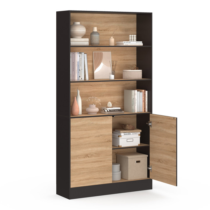 Libreria XXL a 3 piani 1 armadio nero e effetto legno 190 cm - CARLA | IdMarket