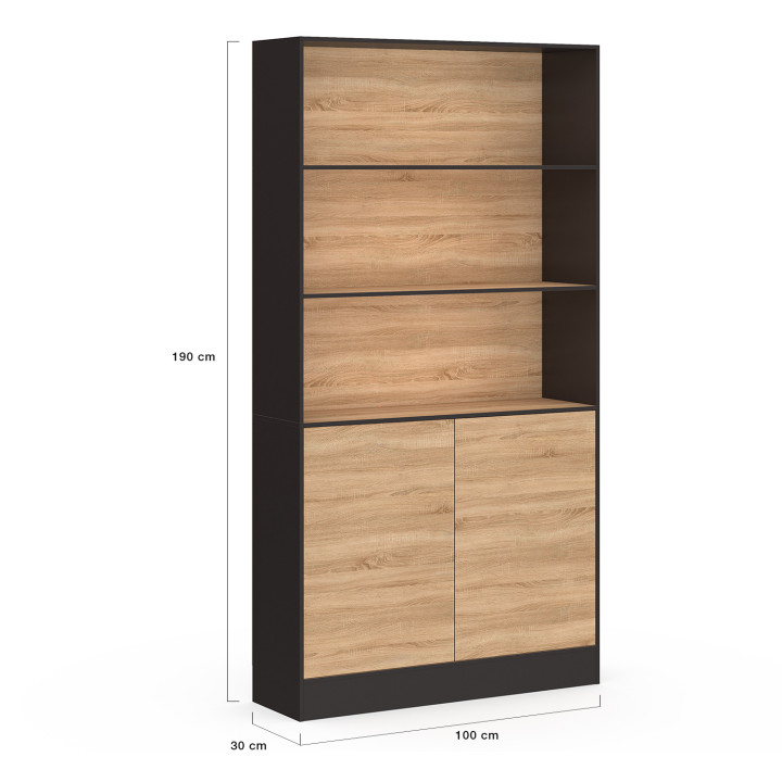 Libreria XXL a 3 piani 1 armadio nero e effetto legno 190 cm - CARLA | IdMarket