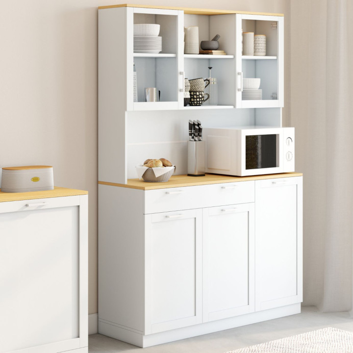 Credenza smaltata da 120 cm con 5 ante + 1 cassetto bianco e piano effetto faggio - VITO | IdMarket
