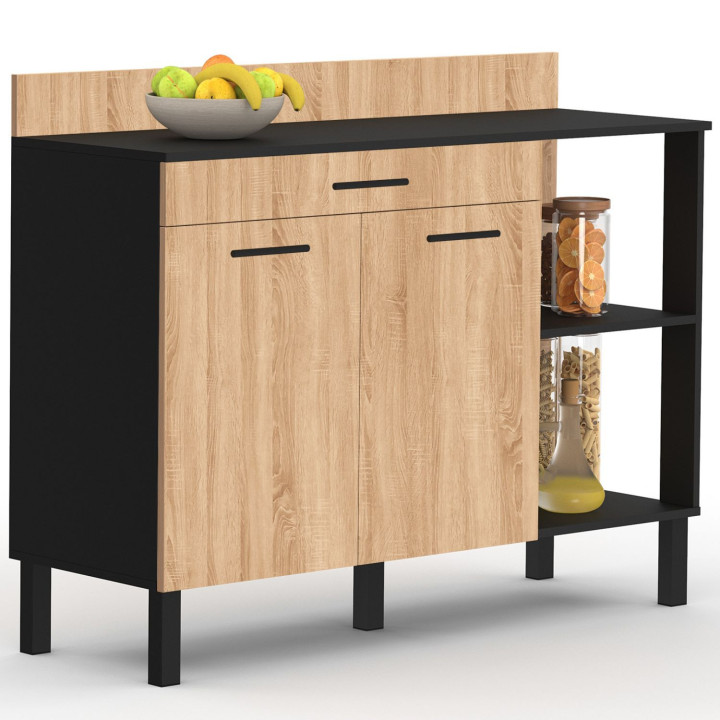 Credenza bassa 120 cm ante nere + cassetto in legno di faggio - CINA | ID Market