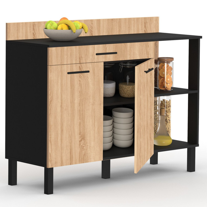 Credenza bassa 120 cm ante nere + cassetto in legno di faggio - CINA | ID Market