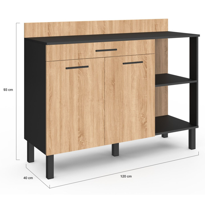 Credenza bassa 120 cm ante nere + cassetto in legno di faggio - CINA | ID Market