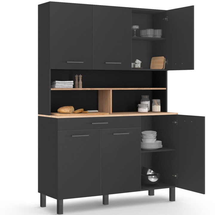Credenza da cucina nera con 6 ante, cassetto e ripiani effetto faggio 120cm - CINA | ID Market