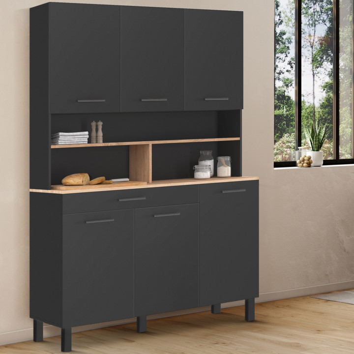 Credenza da cucina nera con 6 ante, cassetto e ripiani effetto faggio 120cm - CINA | ID Market
