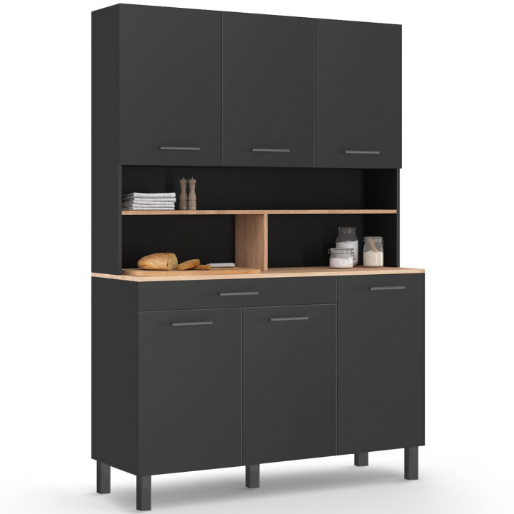 Credenza da cucina nera con 6 ante, cassetto e ripiani effetto faggio 120cm - CINA | ID Market