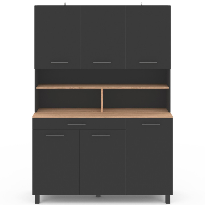 Credenza da cucina nera con 6 ante, cassetto e ripiani effetto faggio 120cm - CINA | ID Market