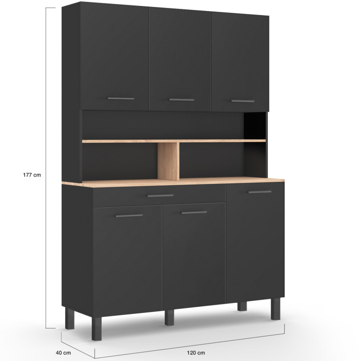 Credenza da cucina nera con 6 ante, cassetto e ripiani effetto faggio 120cm - CINA | ID Market