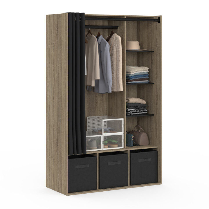 Armadio in legno e nero con mensole e tenda - DIANE | ID Market