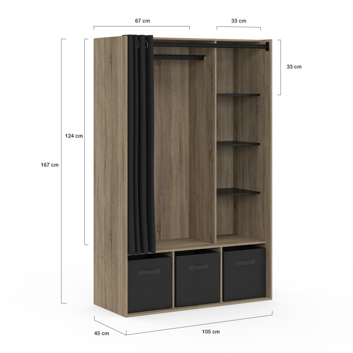 Armadio in legno e nero con mensole e tenda - DIANE | ID Market