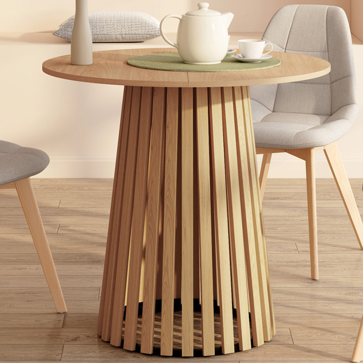 Tavolo da pranzo rotondo per 4 persone con gambe a doghe in legno e piano in legno da 80 cm - CARMEN | IdMarket