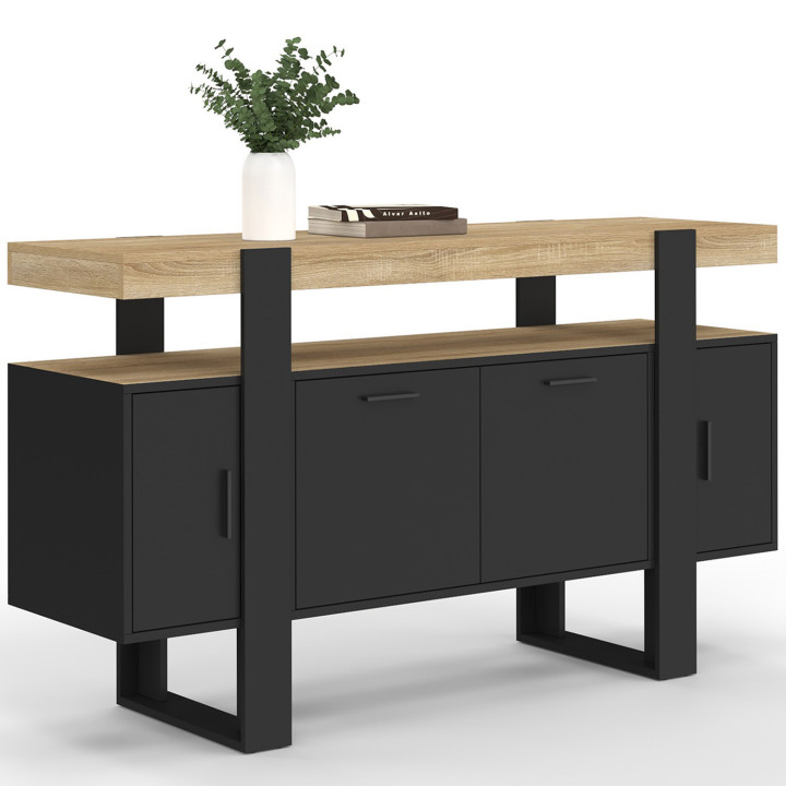 Credenza 140 cm 4 ante nera con piano in legno - PHOENIX | ID Market