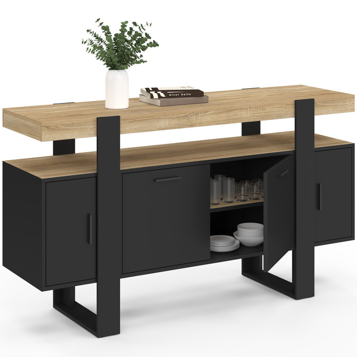 Credenza 140 cm 4 ante nera con piano in legno - PHOENIX | ID Market