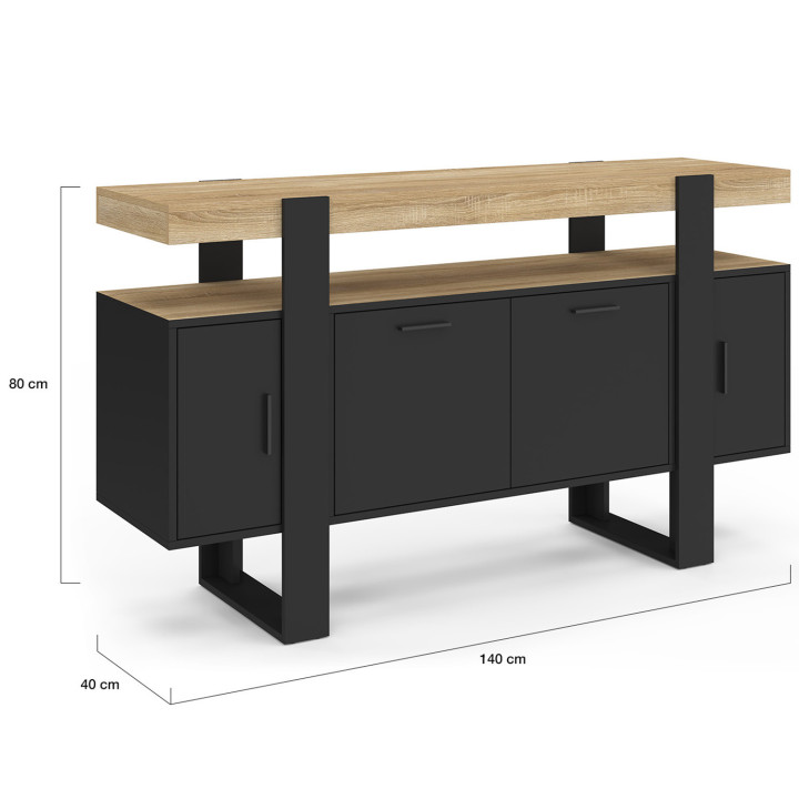 Credenza 140 cm 4 ante nera con piano in legno - PHOENIX | ID Market
