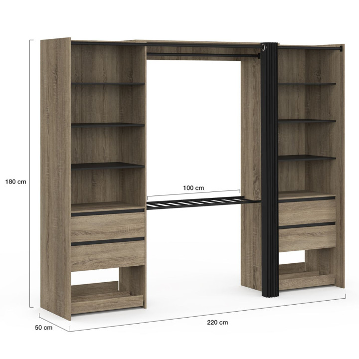 Armadio doppio XXL 220 cm in faggio con appendiabiti + ripiani + cassetti + porta scarpe e nero - MERYL | IdMarket