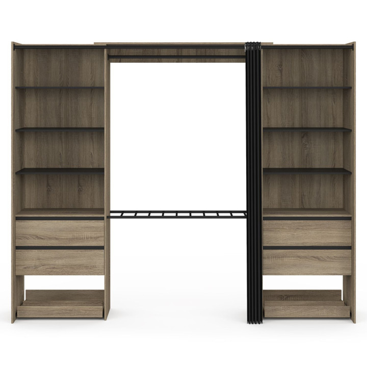 Armadio doppio XXL 220 cm in faggio con appendiabiti + ripiani + cassetti + porta scarpe e nero - MERYL | IdMarket