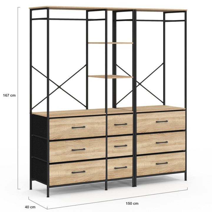 Armadio componibile XXL L. 150 cm con 3 ripiani e 9 contenitori in legno e tessuto nero - UTAH | IdMarket
