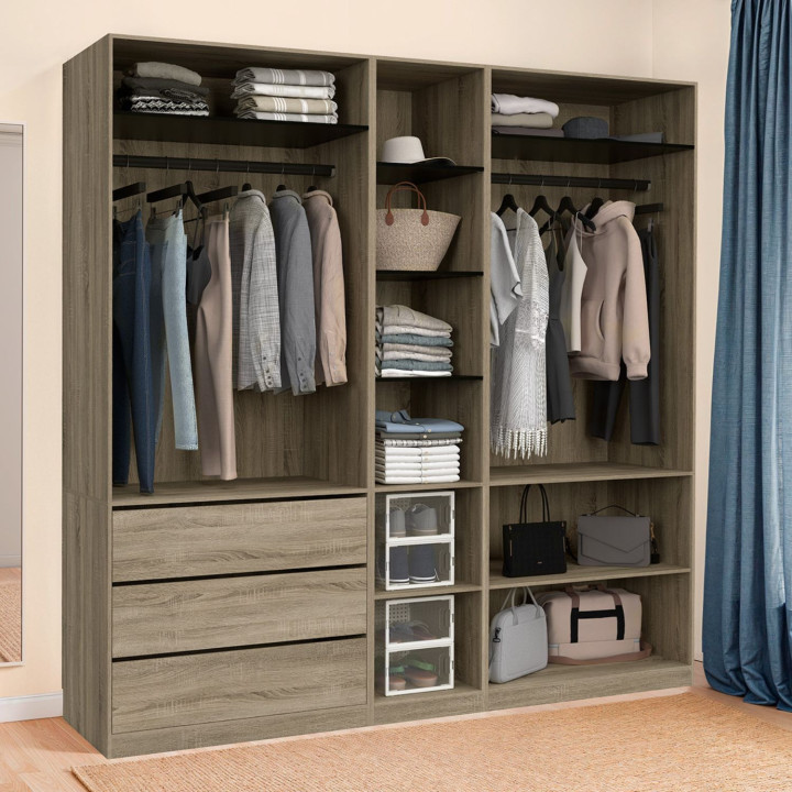 Armadio componibile 200 cm 3 moduli con armadi, ripiani e cassetti, faggio e nero - TAYLOR | IdMarket