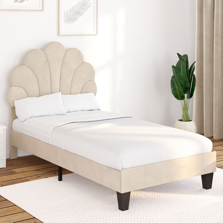 Letto singolo a conchiglia AMANDA 90 x 190 cm con base in velluto beige - AMANDA | IdMarket