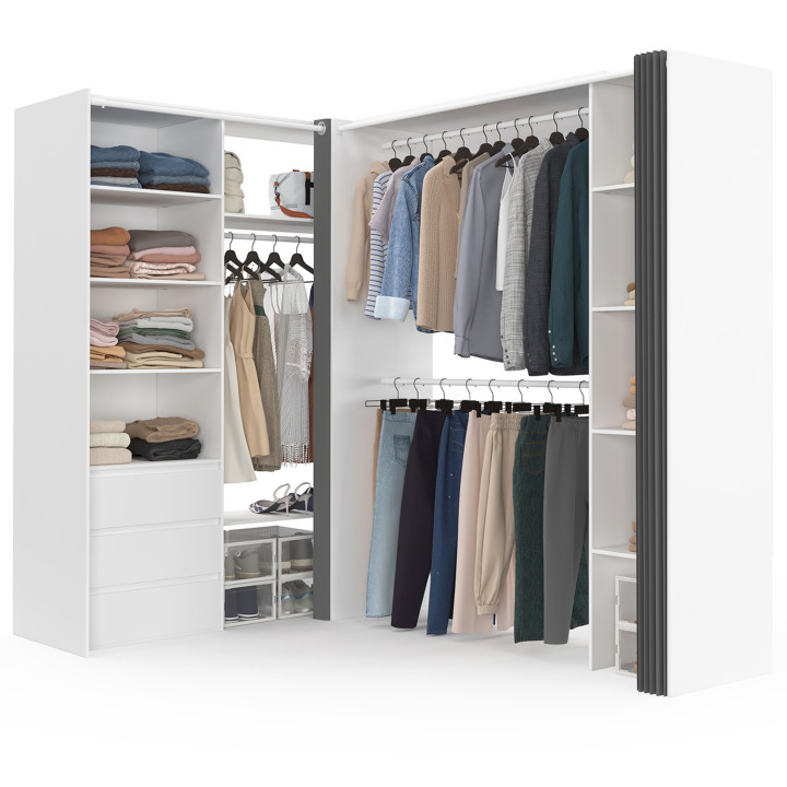 Armadio angolare estensibile 200 x 150 x 180 cm bianco con armadi + cassetti + ripiani + tende grigie - MARLON | IdMarket