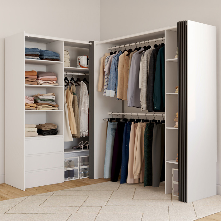 Armadio angolare estensibile 200 x 150 x 180 cm bianco con armadi + cassetti + ripiani + tende grigie - MARLON | IdMarket