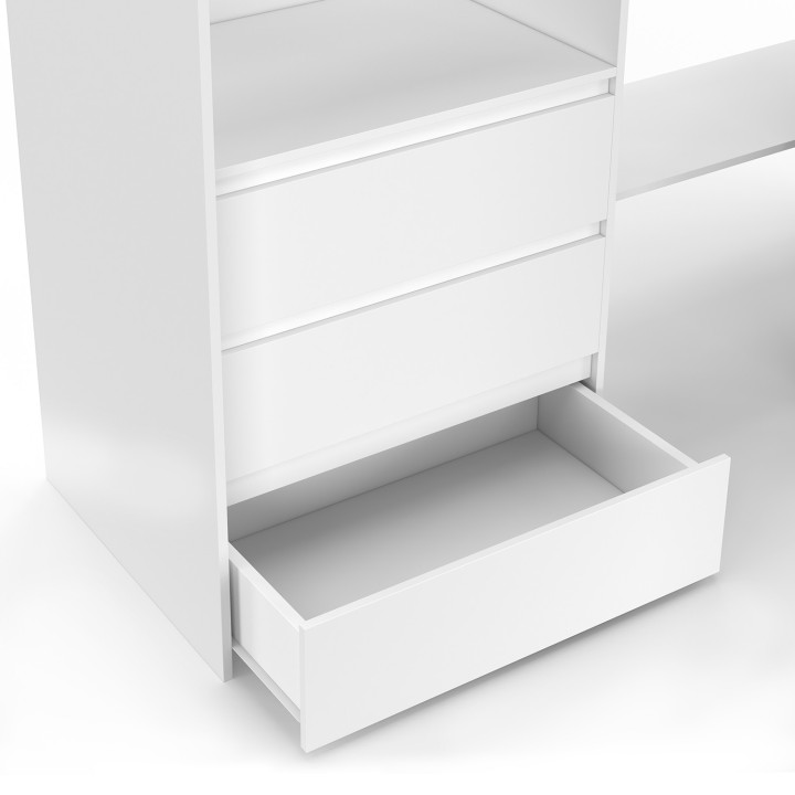 Armadio angolare estensibile 200 x 150 x 180 cm bianco con armadi + cassetti + ripiani + tende grigie - MARLON | IdMarket
