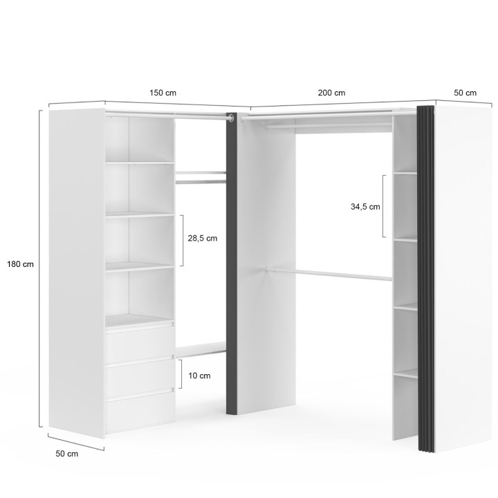 Armadio angolare estensibile 200 x 150 x 180 cm bianco con armadi + cassetti + ripiani + tende grigie - MARLON | IdMarket