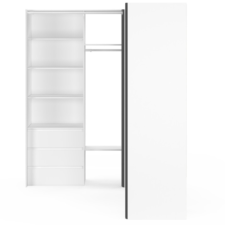 Armadio angolare allungabile 230x140x180cm bianco con armadi, ripiani, tende grigie - MARLON | ID Market