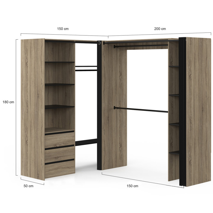 Armadio angolare allungabile 200 x 150 x 180 cm in faggio con armadi + cassetti + ripiani + tende nere - MARLON | IdMarket