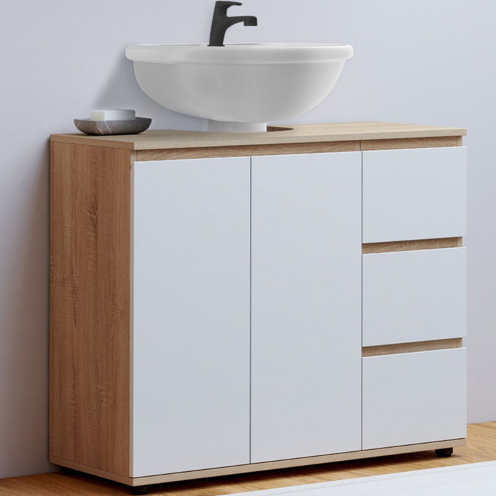 Mobile da bagno con armadio e 3 cassetti in faggio e bianco - TOMI | IdMarket