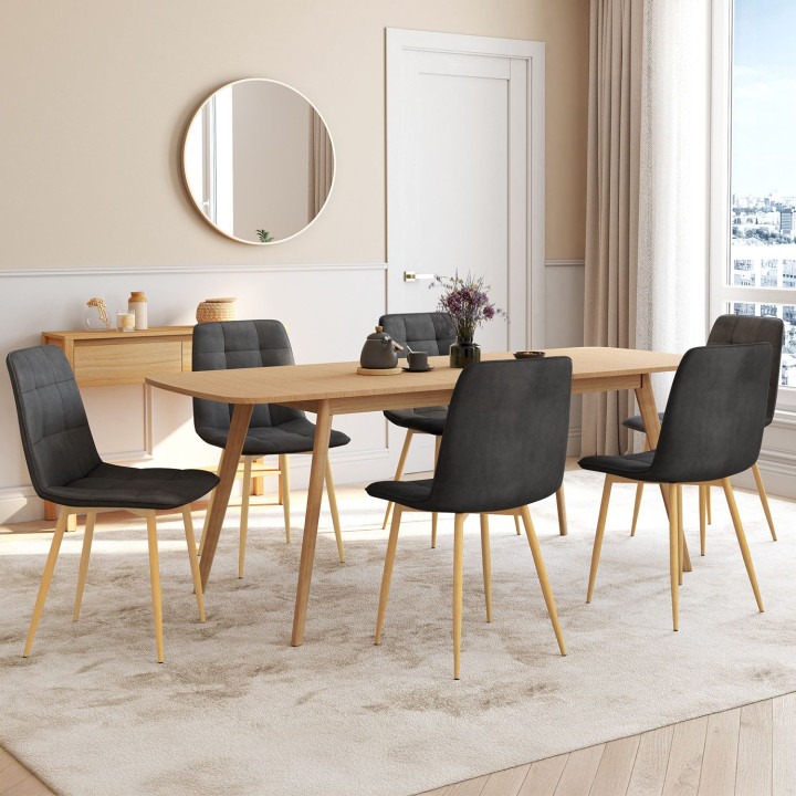 Set di 6 sedie da pranzo in velluto grigio scuro con gambe effetto legno - MILA | IdMarket