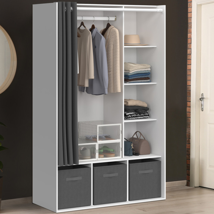 Armadio bianco con mensole e scatole portaoggetti in tende grigie - DIANE | ID Market