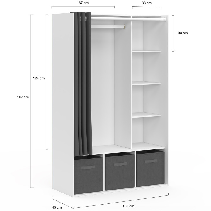 Armadio bianco con mensole e scatole portaoggetti in tende grigie - DIANE | ID Market
