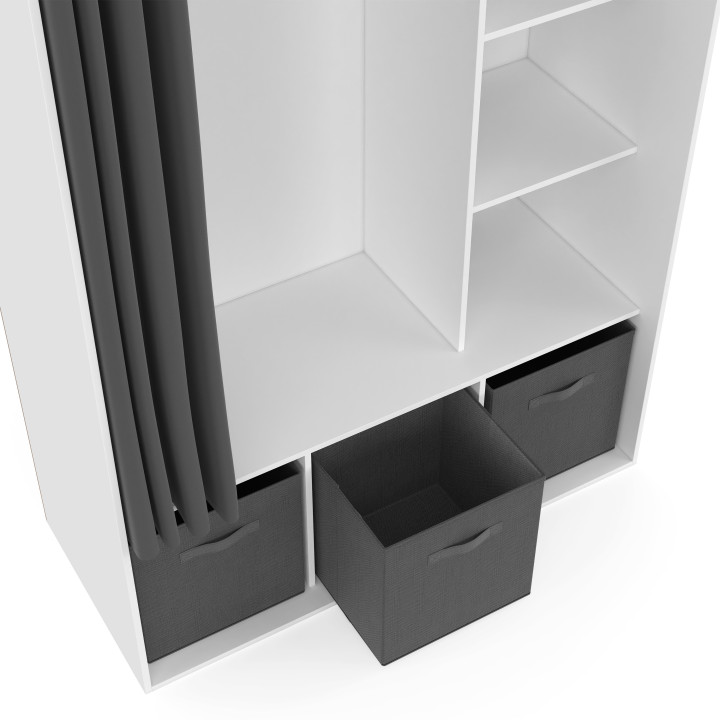 Armadio bianco con mensole e scatole portaoggetti in tende grigie - DIANE | ID Market