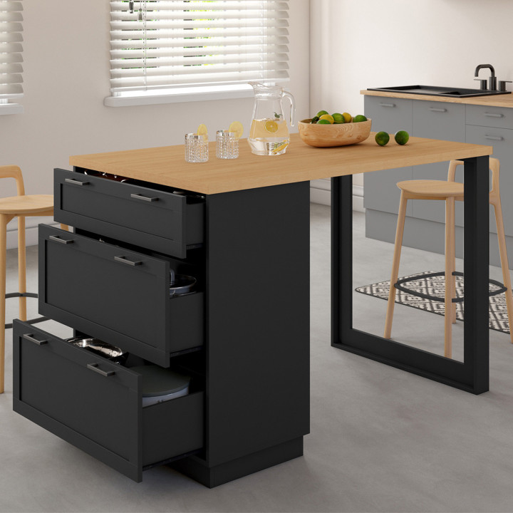 Tavolo 4 persone a isola centrale 130 cm con 3 cassetti neri e piano in legno - VITO | IdMarket