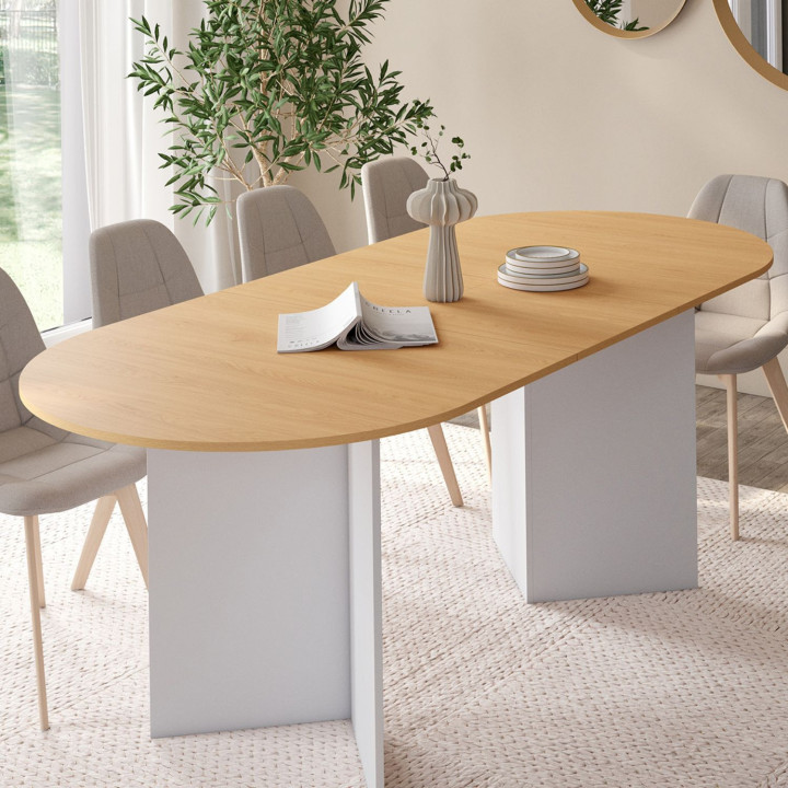 Tavolo da pranzo allungabile, 6-10 persone, piano ovale in faggio e bianco 160-200 cm - MARTHE | IdMarket