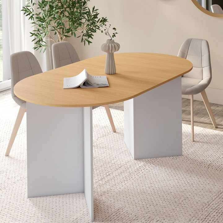 Tavolo da pranzo allungabile, 6-10 persone, piano ovale in faggio e bianco 160-200 cm - MARTHE | IdMarket