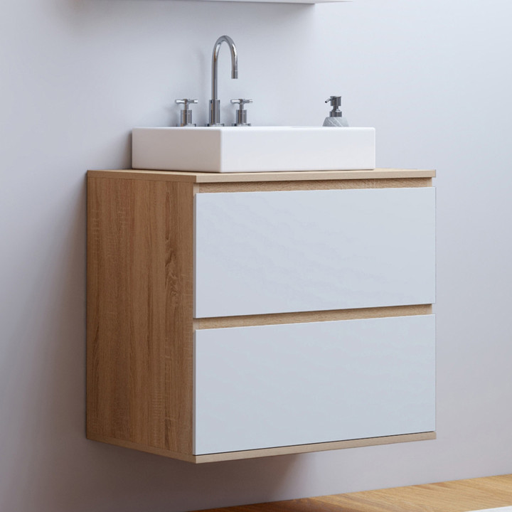 Mobiletto bagno sospeso a 2 cassetti in faggio e bianco - TOM | IdMarket