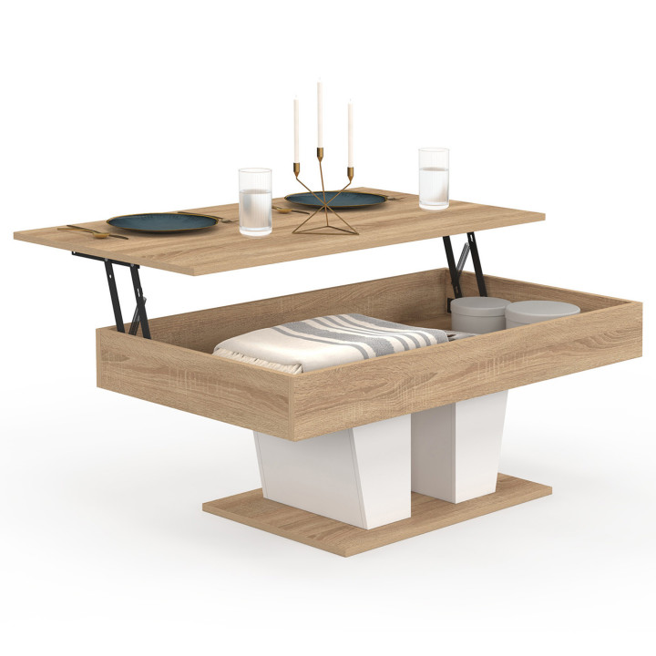 Tavolino da caffè con piano rettangolare in legno e alzatina bianca - ELIAD | IdMarket