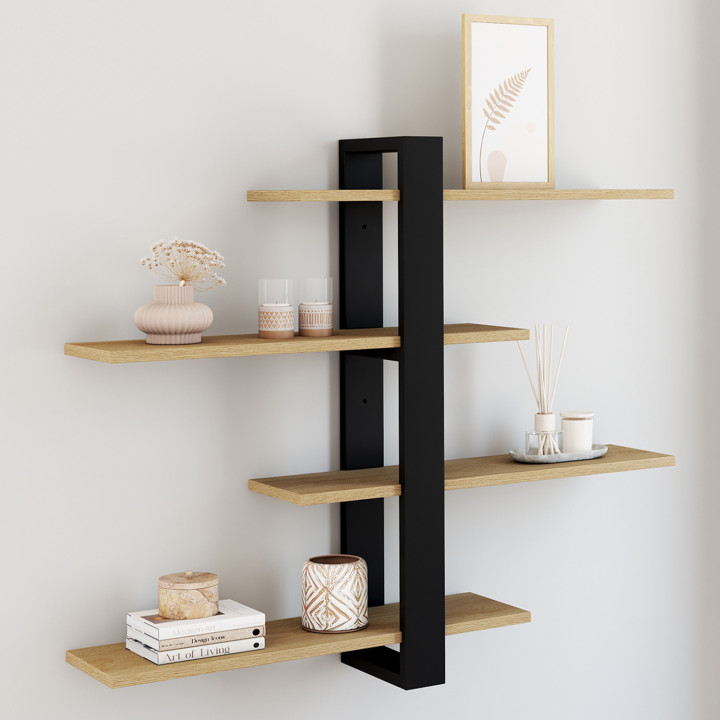 Scaffale a parete con 4 ripiani scorrevoli in faggio e nero - ORA | IdMarket