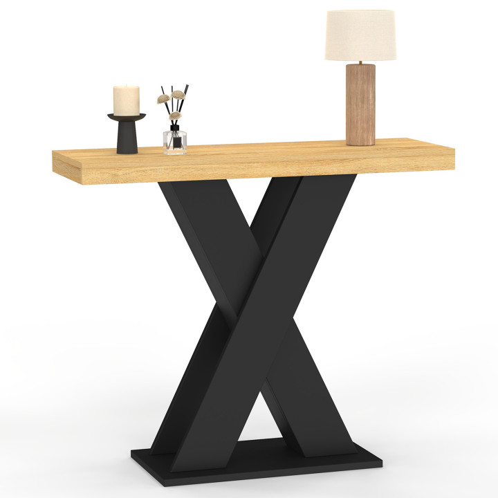 Console con piano in legno e base a X nera - ALICIA | IdMarket