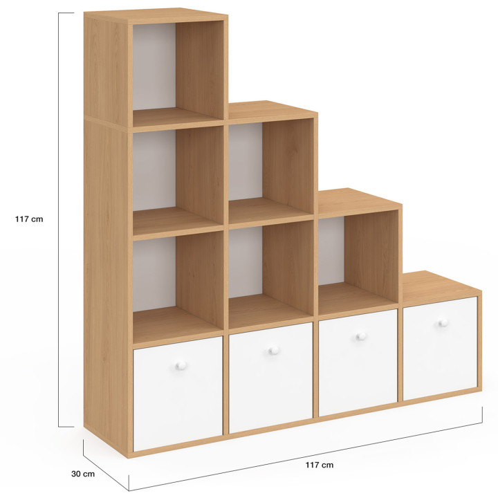 Mobile a 4 livelli in legno e bianco con 4 cassetti in tessuto - LORYS | IdMarket