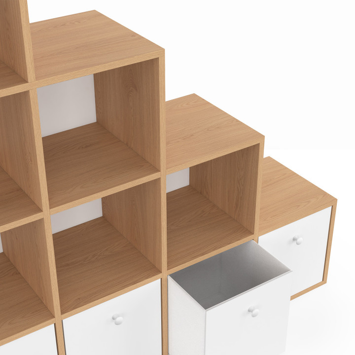 Mobile a 4 livelli in legno e bianco con 4 cassetti in tessuto - LORYS | IdMarket