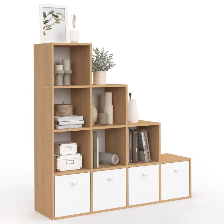 Mobile a 4 livelli in legno e bianco con 4 cassetti in tessuto - LORYS | IdMarket