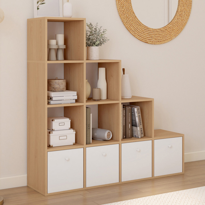 Mobile a 4 livelli in legno e bianco con 4 cassetti in tessuto - LORYS | IdMarket